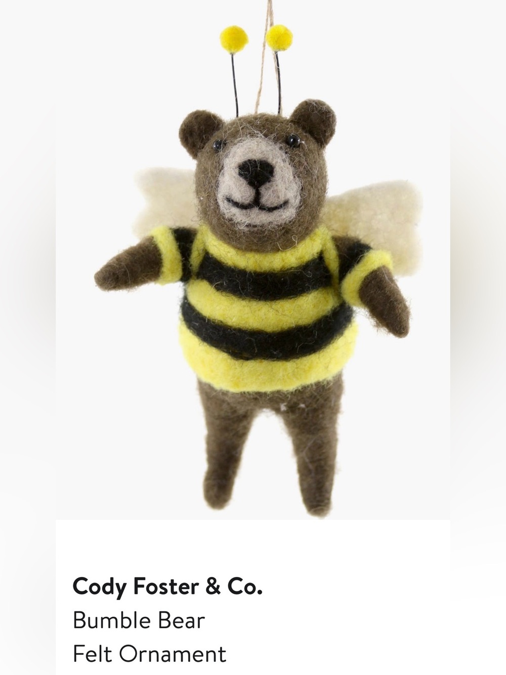 NWT BUMBLE BEAR In Honey Bee Felt Costume Christmas Ornament by Cody Foster